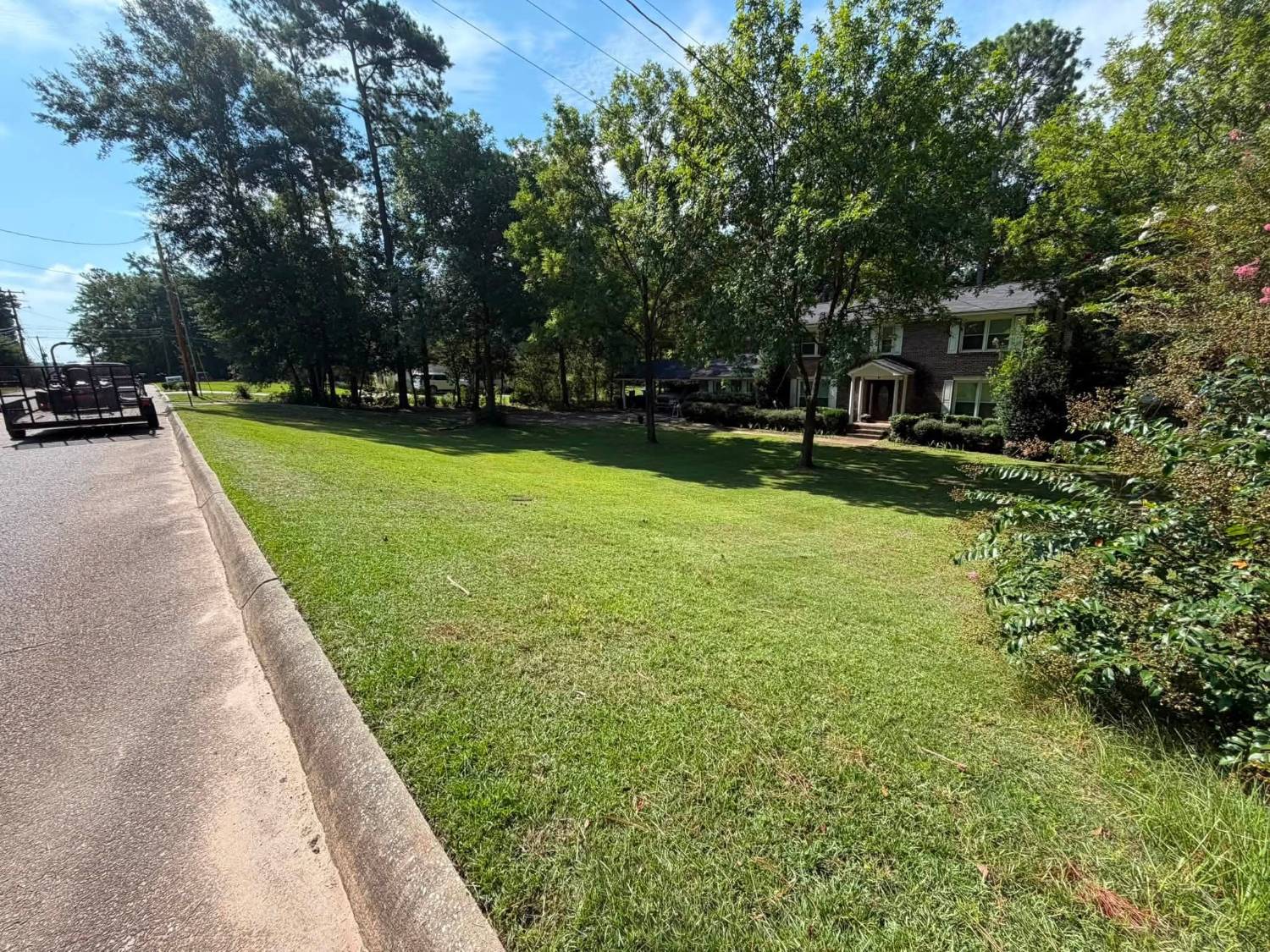 Freshly cut front yard with the Professional Edge trailer at the curb